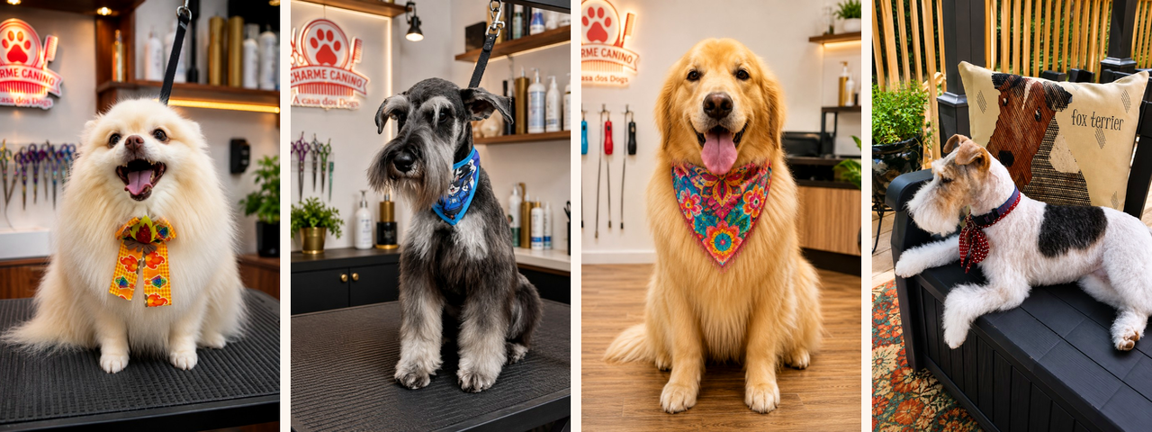 Pets reais do Charme Canino: Spitz, Schnauzer, Golden e Fox Terrier